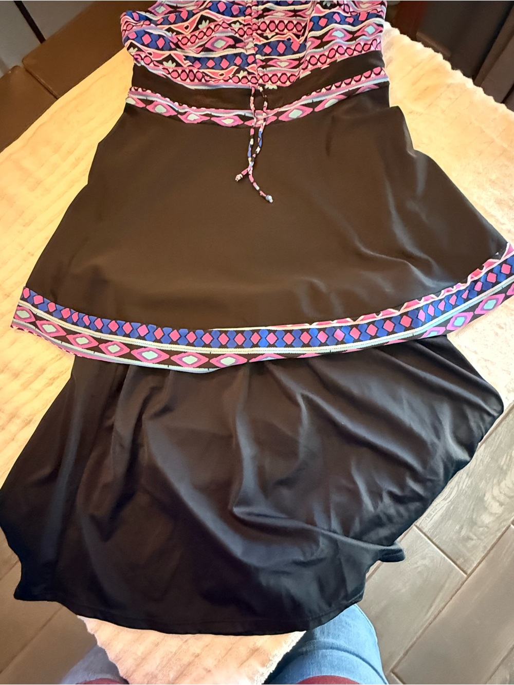 Women's Black High-Low Skirt with Pink & Blue Geometric Trim